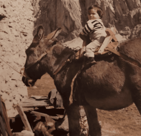 Adrien enfant, sur un âne, à la campagne dans le Massif Central